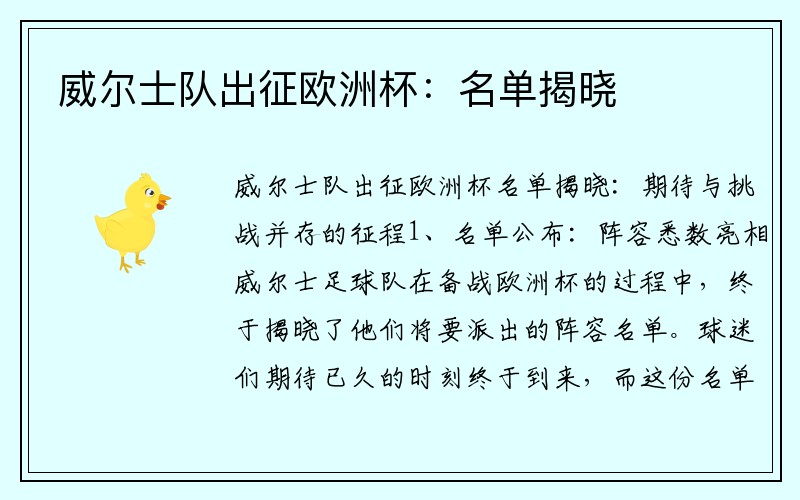威尔士队出征欧洲杯：名单揭晓