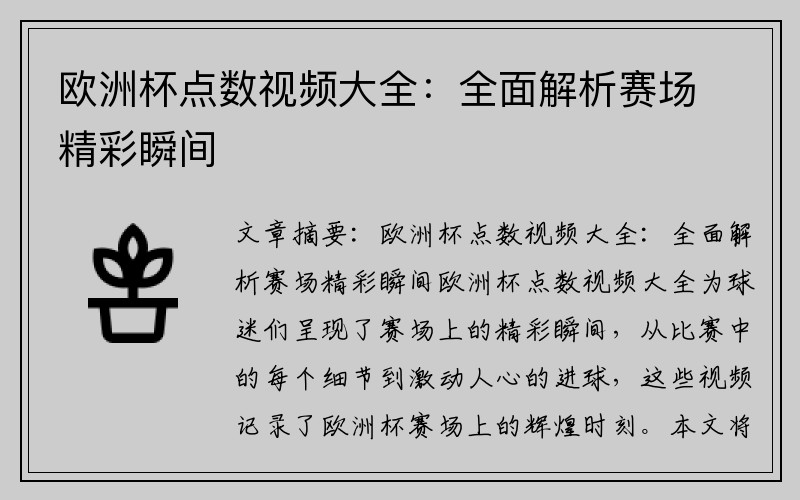 欧洲杯点数视频大全：全面解析赛场精彩瞬间
