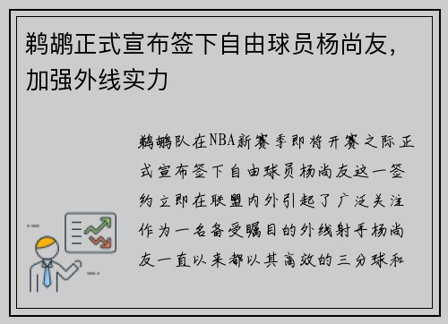 鹈鹕正式宣布签下自由球员杨尚友，加强外线实力